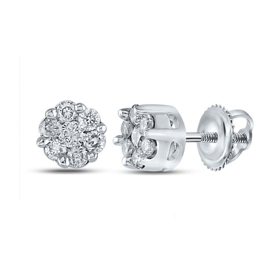 Sterling Silver Round Diamond Flower Cluster Earrings 1/4 Cttw
