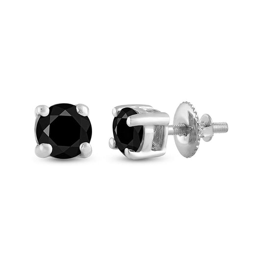 Sterling Silver Round Black Diamond Solitaire Earrings 3/4 Cttw
