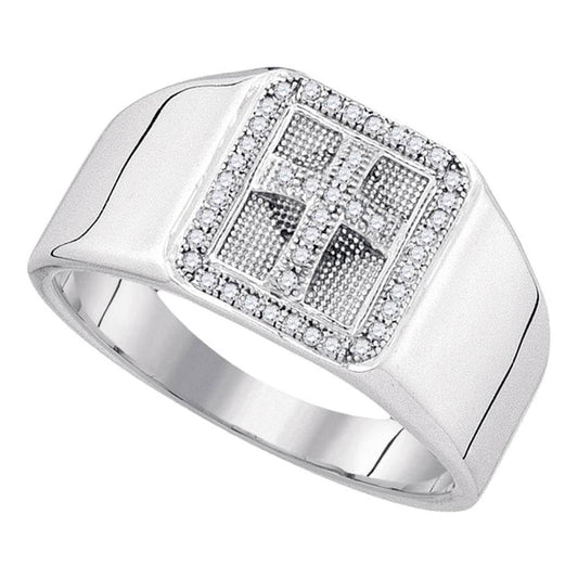 Sterling Silver Round Diamond Square Frame Cross Religious Ring 1/6 Cttw