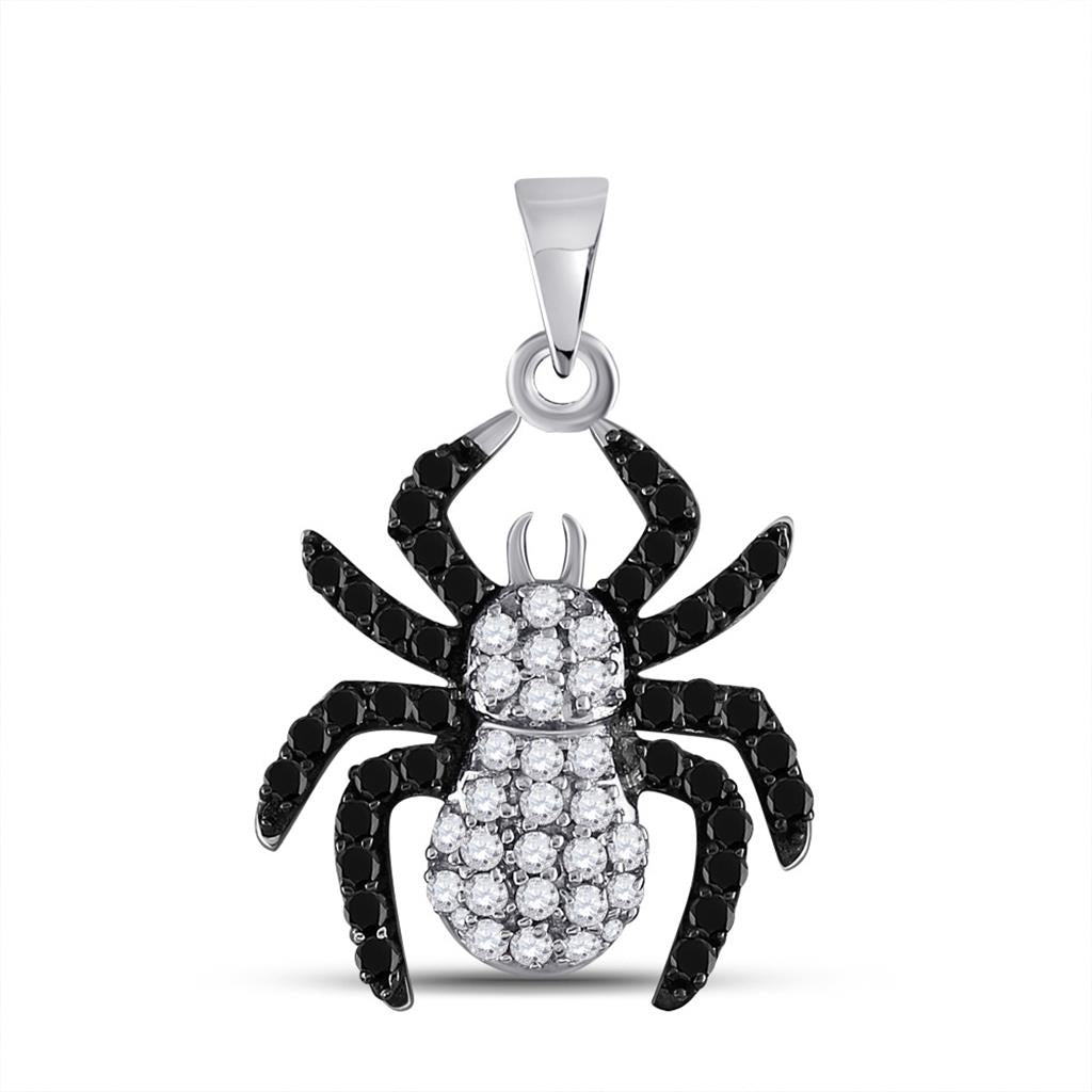 Sterling Silver Round Black Diamond Spider Pendant 3/4 Cttw