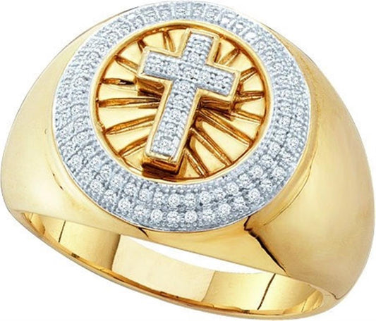 1/3CT Natural Diamond Men's Christian Religious Ring in Yellow Gold plated Sterling Silver