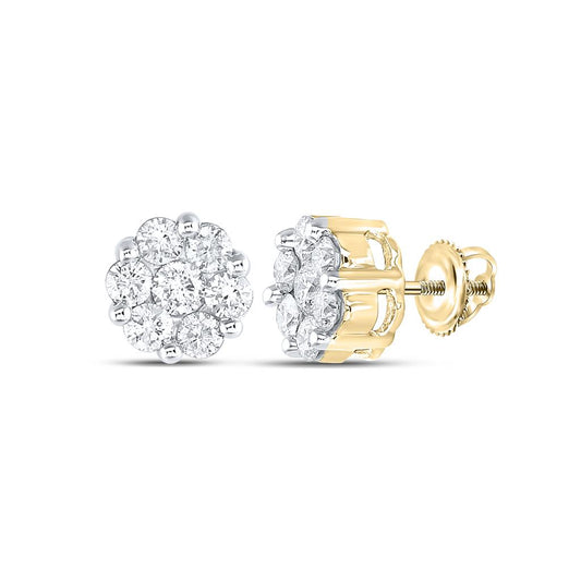 14k Yellow Gold Round Diamond Large Flower Cluster Stud Earrings 1-1/2 Cttw
