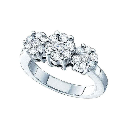 14k White Gold Round Diamond Triple Flower Cluster Ring 1 Cttw