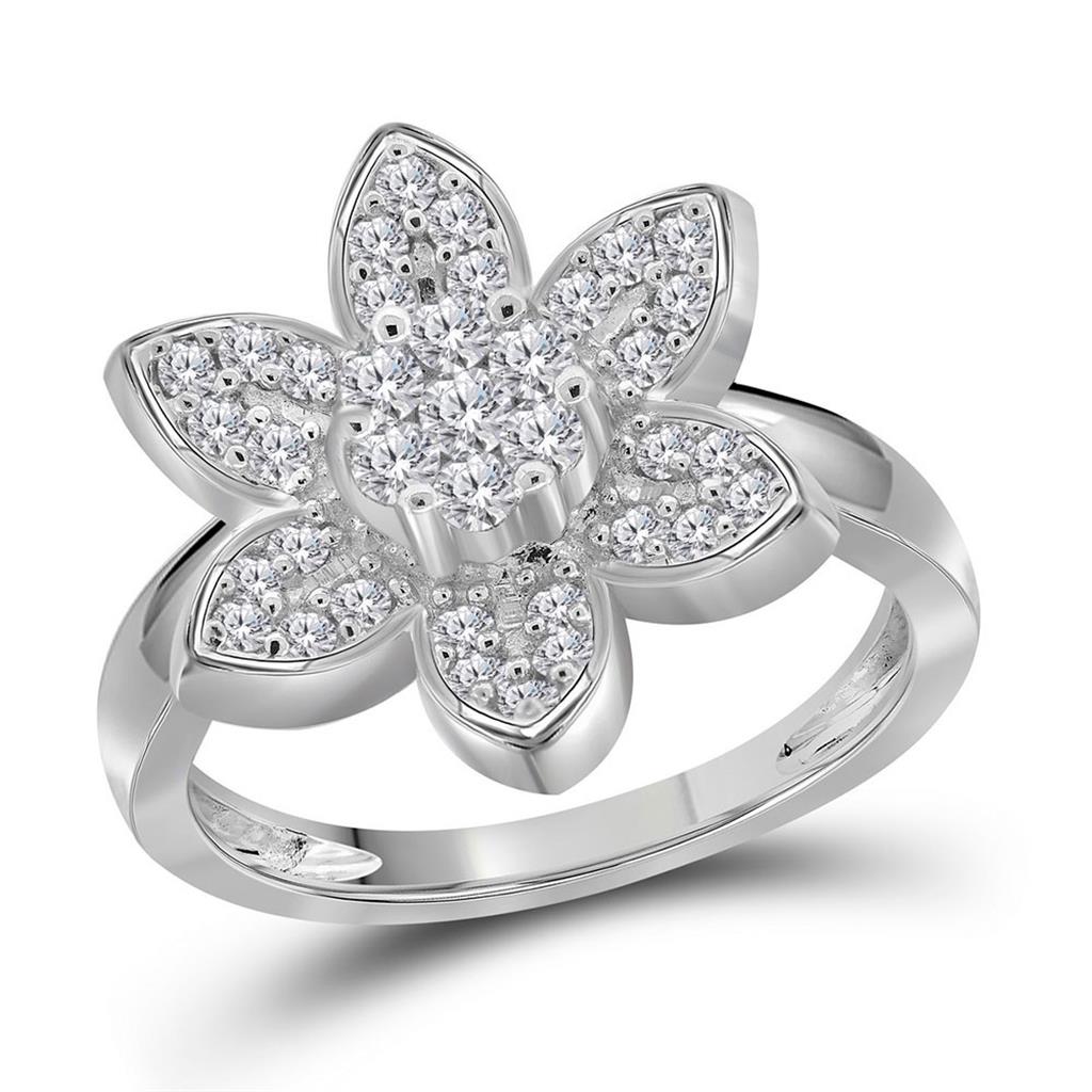 14k White Gold Round Diamond Flower Cluster Ring 1/2 Cttw