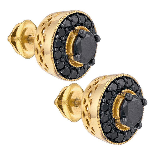 Yellow-tone Sterling Silver Round Black Diamond Stud Earrings 2 Cttw
