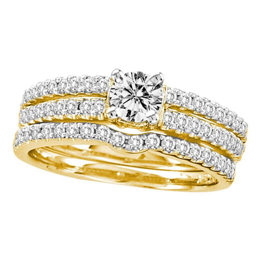 14k Yellow Gold Round Diamond 3-Piece Bridal Wedding Ring Set 1 Cttw
