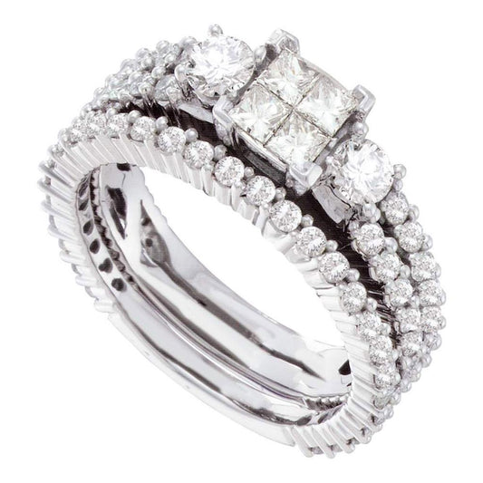 14k White Gold Princess Diamond Cluster Bridal Wedding Ring Set 2 Cttw