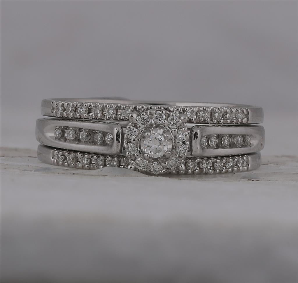 14k White Gold Round Diamond 3-Piece Bridal Wedding Ring Set 1/4 Cttw