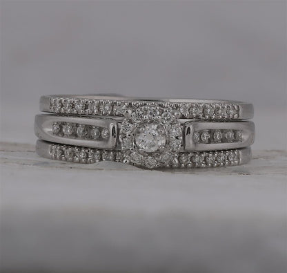 14k White Gold Round Diamond 3-Piece Bridal Wedding Ring Set 1/4 Cttw