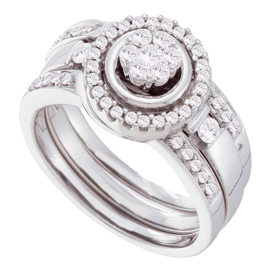 14k White Gold Diamond Cluster 3-Piece Bridal Wedding Ring Set 1/2 Cttw