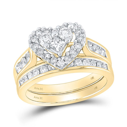 14k Yellow Gold Princess Diamond Heart Bridal Wedding Ring Set 1 Cttw