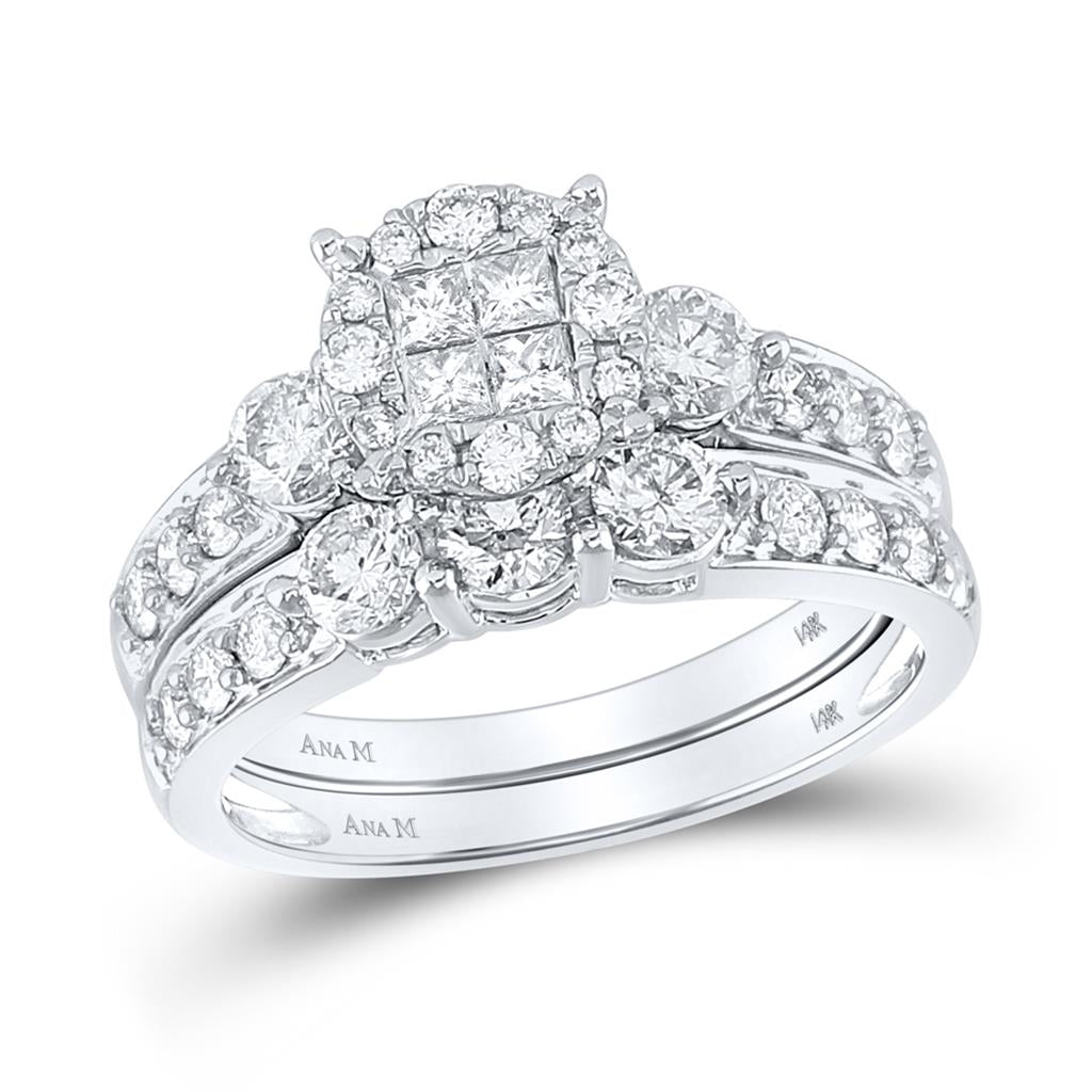 14k White Gold Princess Diamond Bridal Wedding Ring Set 1-1/2 Cttw