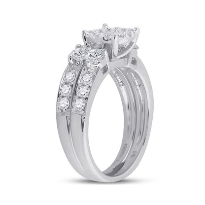 14k White Gold Princess Diamond Bridal Wedding Ring Set 1-1/2 Cttw
