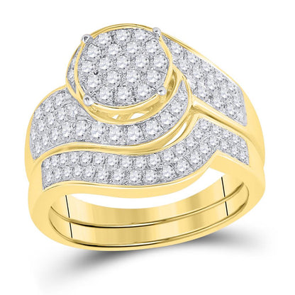 14k Yellow Gold Round Diamond Cluster Bridal Wedding Ring Set 1 Cttw