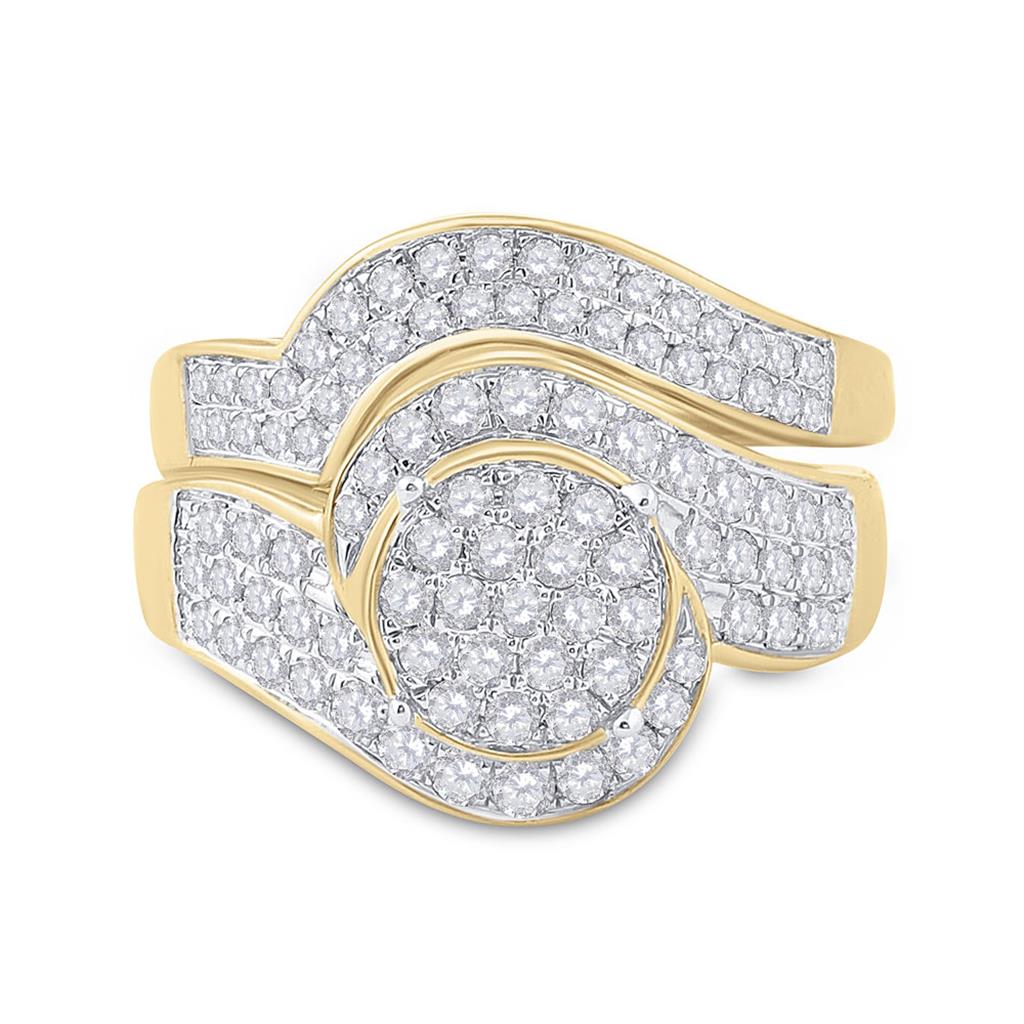 14k Yellow Gold Round Diamond Cluster Bridal Wedding Ring Set 1 Cttw