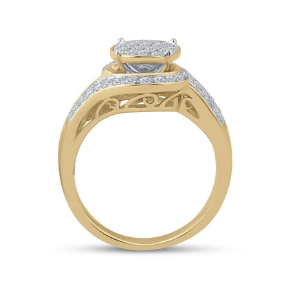 14k Yellow Gold Round Diamond Cluster Bridal Wedding Ring Set 1 Cttw
