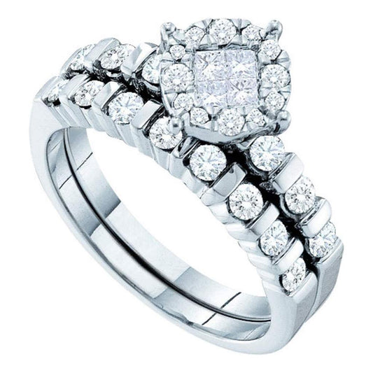 14k White Gold Princess Diamond Bridal Wedding Ring Set 7/8 Cttw