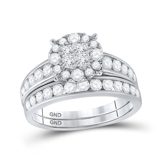 14k White Gold Diamond Cluster Bridal Wedding Ring Set 1-3/8 Cttw
