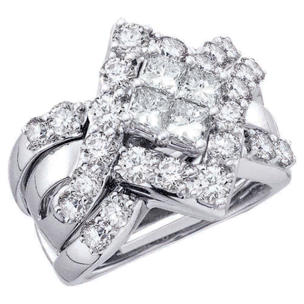 14k White Gold Princess Diamond Cluster Bridal Wedding Ring Set 2 Cttw