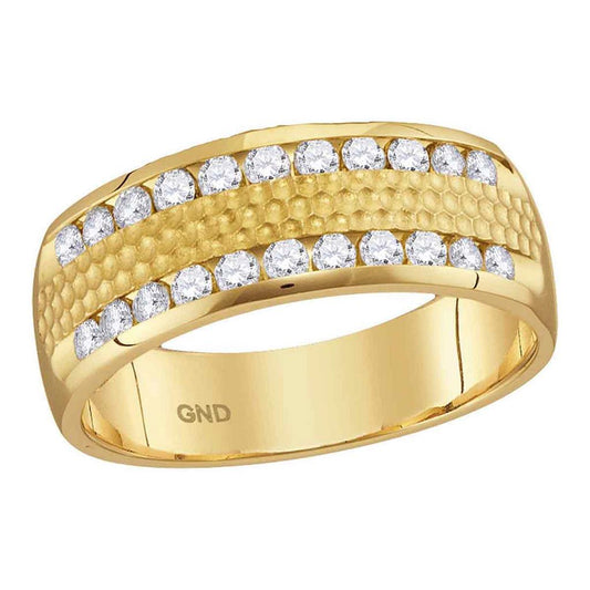 14k Yellow Gold Round Diamond Double Row Hammered Wedding Band Ring 1/2 Cttw