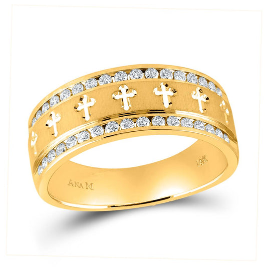 14k Yellow Gold Round Diamond Cross Wedding Band Ring 1/2 Cttw