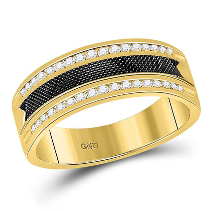 14k Yellow Gold Round Diamond Double Row Black Textured Wedding Band Ring 1/4 Cttw