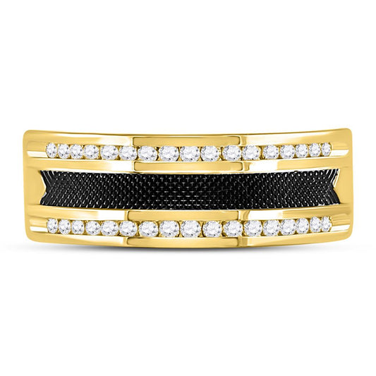14k Yellow Gold Round Diamond Double Row Black Textured Wedding Band Ring 1/4 Cttw