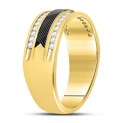 14k Yellow Gold Round Diamond Double Row Black Textured Wedding Band Ring 1/4 Cttw