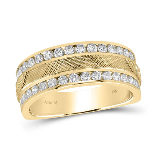 14k Yellow Gold Round Diamond Double Row Textured Wedding Band Ring 1 Cttw