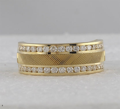 14k Yellow Gold Round Diamond Double Row Textured Wedding Band Ring 1 Cttw