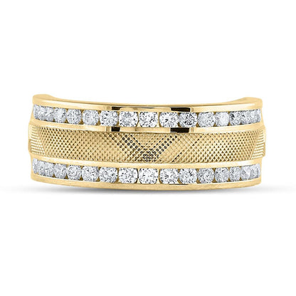 14k Yellow Gold Round Diamond Double Row Textured Wedding Band Ring 1 Cttw