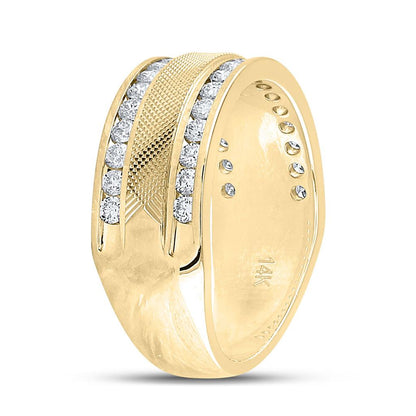 14k Yellow Gold Round Diamond Double Row Textured Wedding Band Ring 1 Cttw