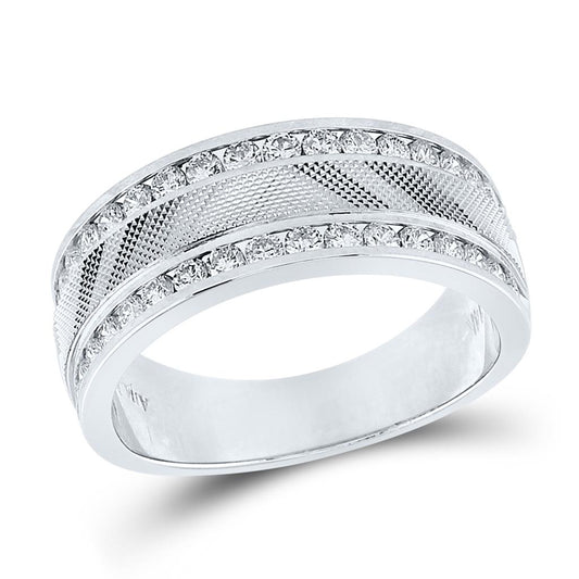 14k White Gold Round Diamond Double Row Textured Wedding Band Ring 1 Cttw