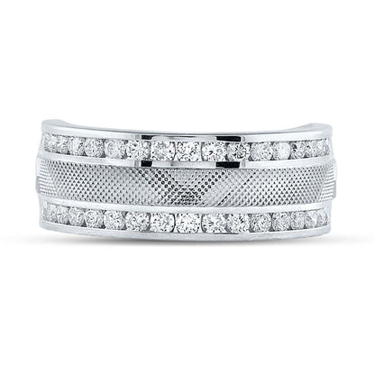 14k White Gold Round Diamond Double Row Textured Wedding Band Ring 1 Cttw