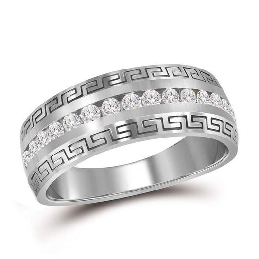 14k White Gold Round Diamond Wedding Greek Key Band Ring 1 Cttw