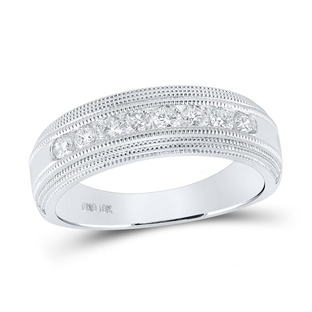14k White Gold Round Diamond Milgrain Wedding Band 1/2 Cttw