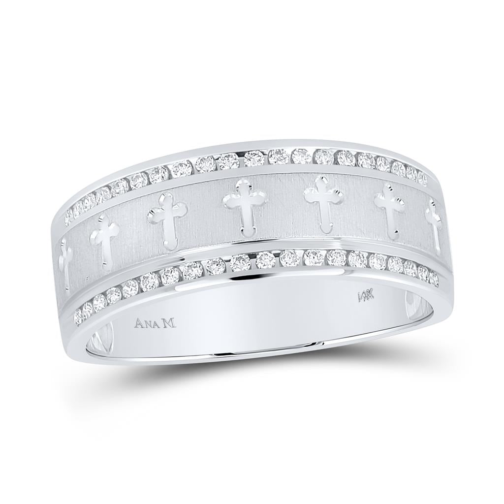 14k White Gold Round Diamond Wedding Cross Band Ring 1/4 Cttw