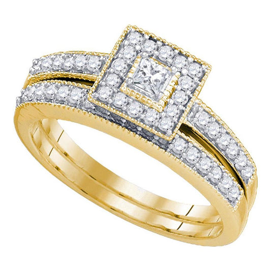 10k Yellow Gold Princess Diamond Halo Bridal Wedding Ring Set 1/2 Cttw