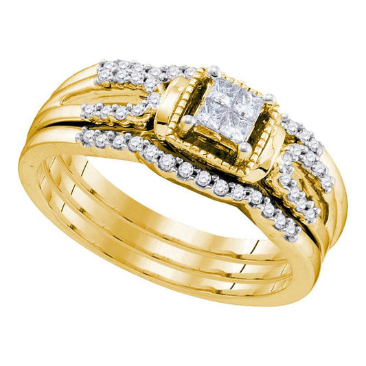 10k Yellow Gold Princess Diamond 3-Piece Bridal Wedding Ring Set 1/4 Cttw