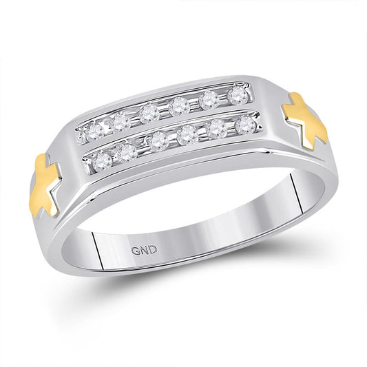 10k Two-tone Gold Round Diamond Cross Wedding Band Ring 1/6 Cttw