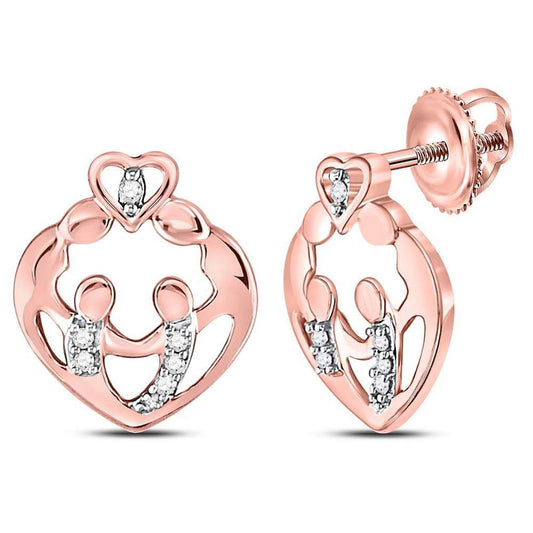 10k Rose Gold Round Diamond Mother Child Heart Stud Earrings 1/12 Cttw