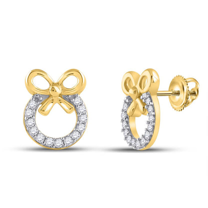 10k Yellow Gold Round Diamond Ribbon Bow Circle Earrings 1/10 Cttw