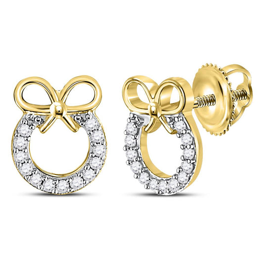 10k Yellow Gold Round Diamond Ribbon Bow Circle Earrings 1/10 Cttw