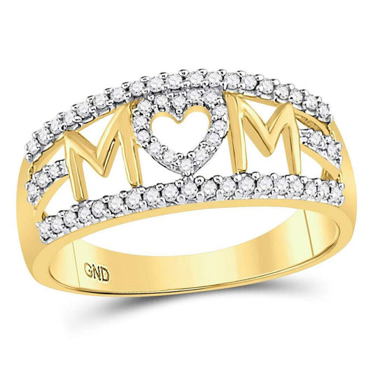 10k Yellow Gold Round Diamond Mom Mother Heart Band Ring 1/4 Cttw