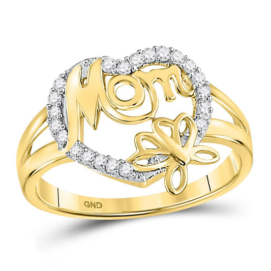 10kt Yellow Gold Round Diamond Mom Mother Heart Butterfly Ring 1/6 Cttw