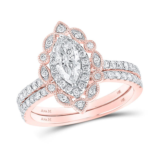 14k Rose Gold Marquise Diamond Bridal Wedding Ring Set 1-1/4 Cttw (Certified)