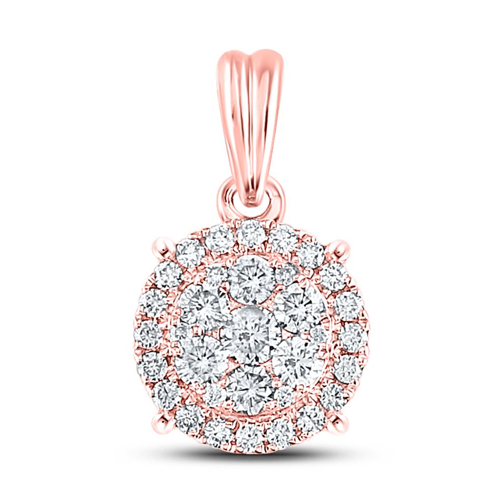 14k Rose Gold Round Diamond Halo Cluster Pendant 1/2 Cttw