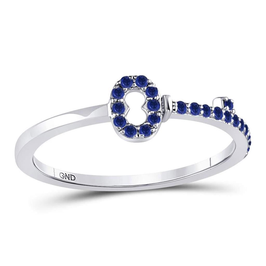 14kt White Gold Round Blue Sapphire Key Stackable Band Ring 1/5 Cttw