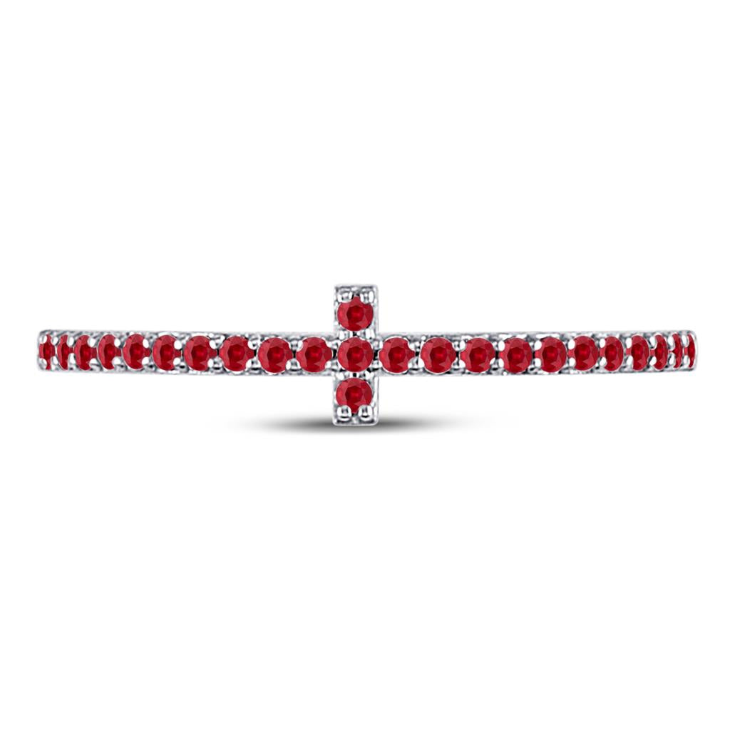 14k White Gold Round Ruby Cross Stackable Band Ring 1/6 Cttw
