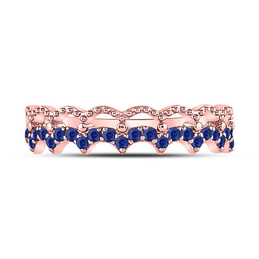 10k Rose Gold Round Blue Sapphire Scalloped Stackable Band Ring 1/4 Cttw